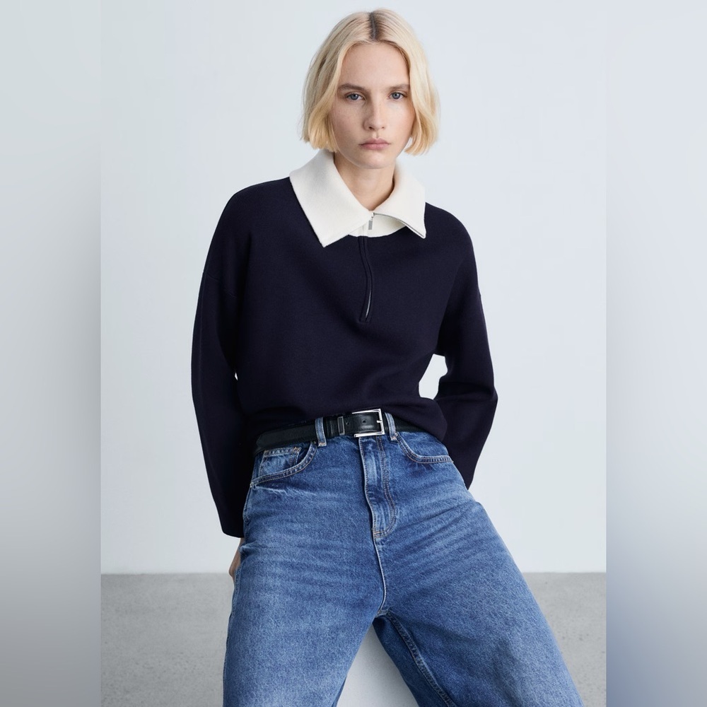 Mango Black Crewneck Sweater with Cream Collar